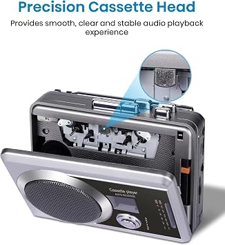 Portable Cassette Recorder Player & AM/FM Radio, Compact Cassette Tape Player with 3.5mm Headphone Jack, Built-in Speaker, Battery/USB Power