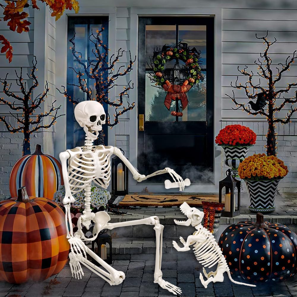 165cm Halloween Bewegliches Skelett mit Hund, Ganzkörper Hunde Lebensgroßes Skelett Realistische Menschliche Skelette mit beweglichen Gelenken für Halloween Outdoor Party Dekoration