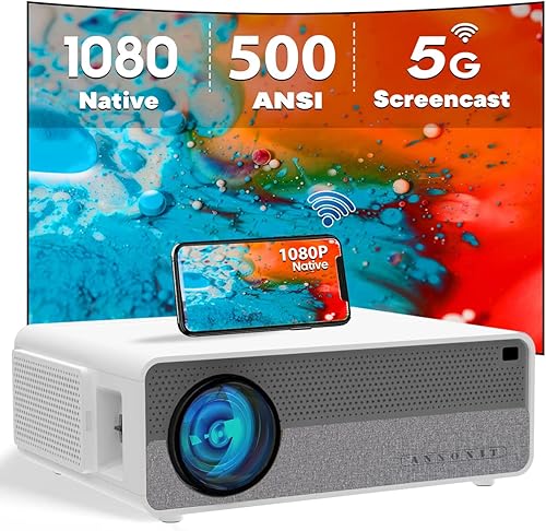 Proyector nativo 1080P, proyector de video FHD de 500 lúmenes ANSI, pantalla WiFi 5G, altavoces duales de 8 W con Bluetooth, pantalla de 300