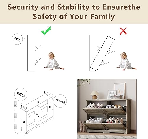 Miniatura 7 de Armario grande para zapatos, organizador de 4 cajones abatibles con estantes ajustables, armario de almacenamiento de zapatos delgado de madera y