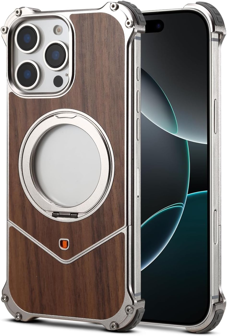for iPhone 16 Pro Max Case, Wood Metal Frame with 360° Magnetic Stand, MagSafe Compatible (Silver, iPhone 16 Pro Max)