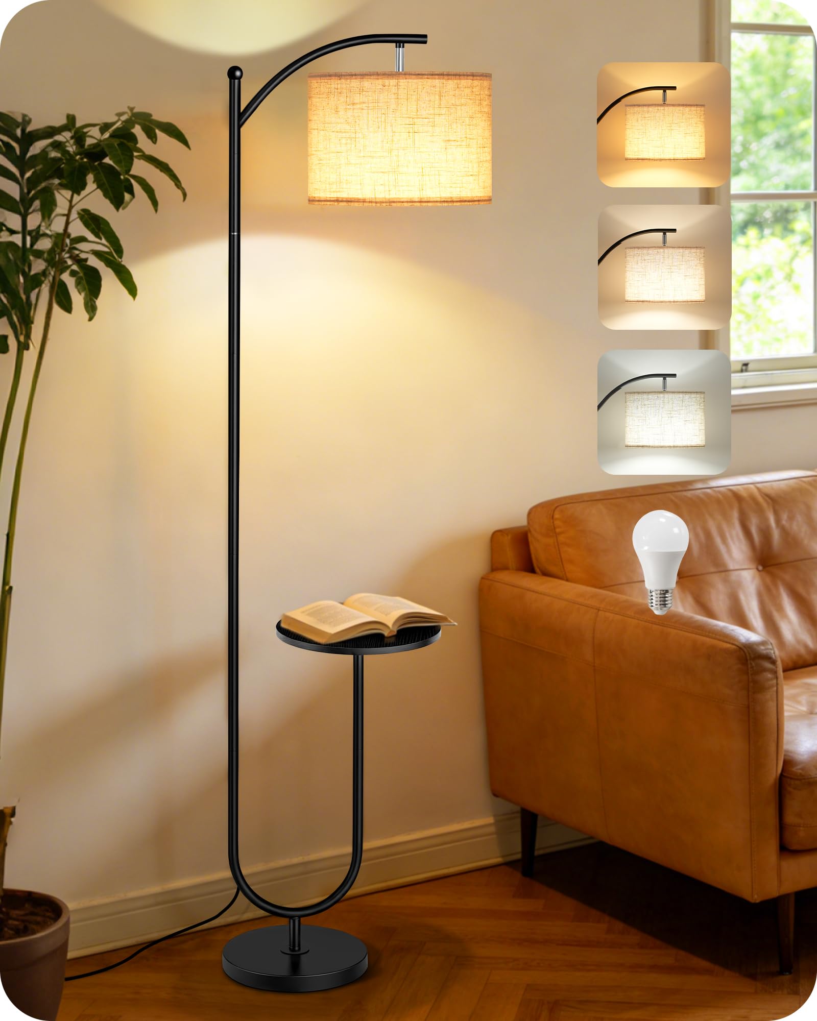 GOEBLESON Floor Lamp with Storage Shelf, 3 Color Temperatures, Memory Function, Adjustable Head, with Natural Linen Shade, Foot Switch Control, for Living Room, Bedroom, Black and Beige ZBE22LDK05