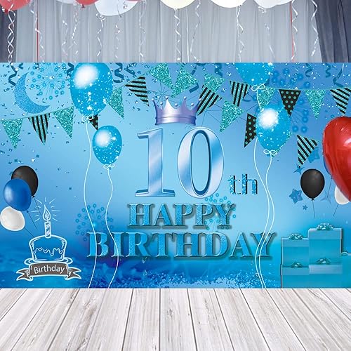 Miniatura 3 de Cartel de fondo azul de 10 cumpleaños con texto en inglés "Happy 10th Birthday", suministros para fiesta de cumpleaños, aniversario, cabina de