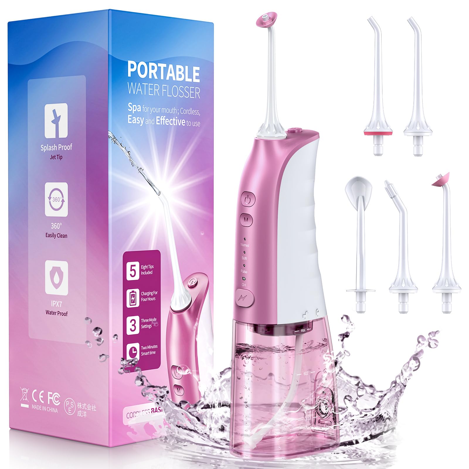 DemitaCordless Water Flosser for Teeth, 300ML 3 Modes 5 Jet Tips Portable Electric Flosser Pick for Adults, IPX7 Waterproof Oral Irrigator Cleaning Kit for, Gums, Braces Care(Pink) Mother's Day Gifts