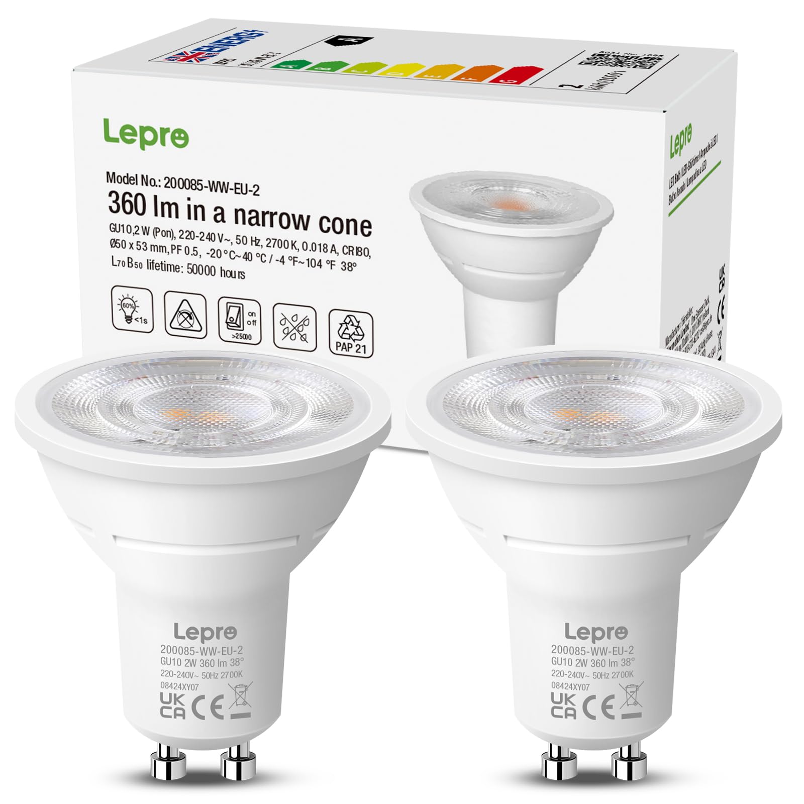 Lepro Warm White 2700K Gu10 Led Bulbs, A Energy Class, 360Lm, 2W (50W Equivalent), 38° Beam Angle, 50000H Long Life, 96% Energy Saving Spotlight Bulb, Non-Dimmable, 2 Packs