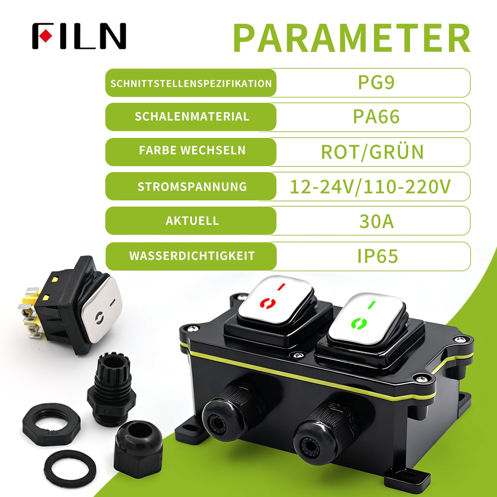 30A DuraSwitch IP65 Wasserdichte Schaltbox,2x Edelstahl Wippschaltern mit LED DPDT,230V AC für Elektroinstallation in Industrie, Gewerbe Haus(Rot/Grün)