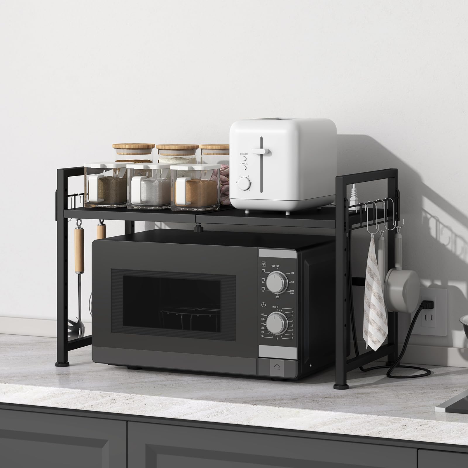 Kitchen Storage, Kitchen Tool Rack, Kitchen Baker Rack, Width 15.4 - 25.6 x Depth 12.6 inches (39 - 65 x 32 x 42 cm), Width Extendable, 6 Levels Adjustable Shelf, 2 Outlet Outlets, S-Shaped Hooks (8 Pieces), Felt Included, Easy to Assemble, Scratch Resistant, Space Saving, Expandable Kitchen Rack, Easy to Clean, Easy to Clean, Kitchen Rack, Kitchen Rack, Cupboard, Microwave Cabinet, Oven Toaster, Living Room (Black, Width 25.65.65 inches (65 cm) Black 65幅