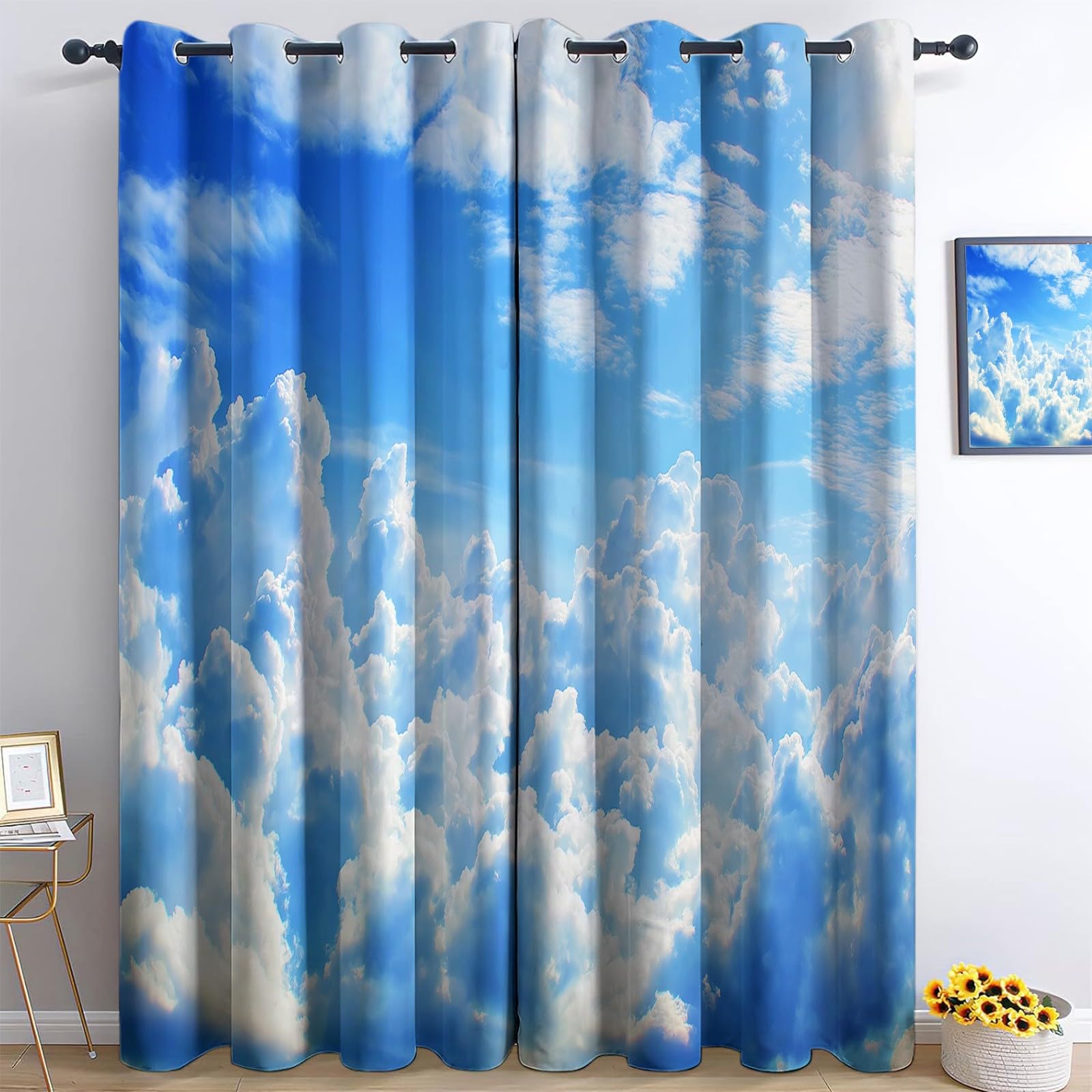 Générique Rideau Occultant Ciel Bleu Nuages Blancs, Rideaux Isolant Thermiques et Phonique - Draperies Oeillets Anti Froid Bleu pour Salon Chambre Fenêtre Décoration 110L x 215H cm 2 Panneaux