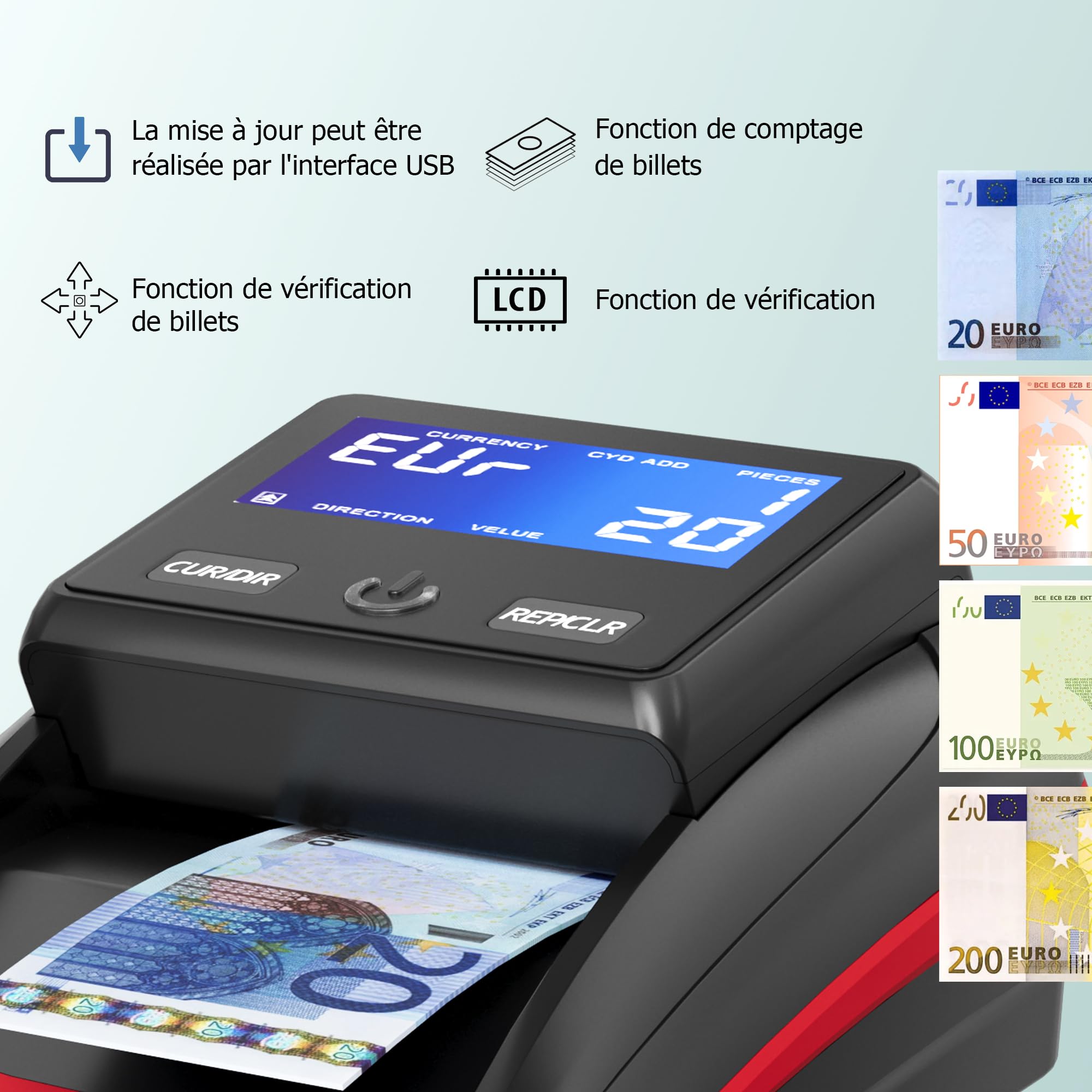 Detector de billetes falsos Euro automático con batería recargable