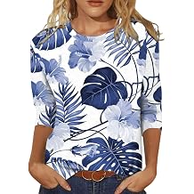 Womens Tops 3/4 Length Sleeve Summer Tunic T Shirts Cute Floral Print T-Shirts Ladies Crewneck Dressy Casual Blouses Lightweight Round Neck Spring Basic Tee Loose Fit Jumper Pullover