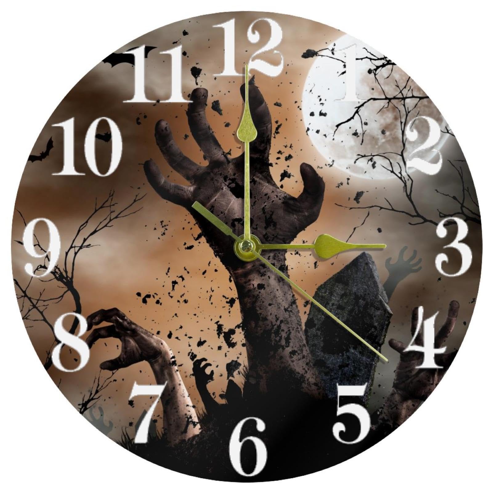 Horloge murale silencieuse à piles avec aiguilles de zombie pour décoration ronde