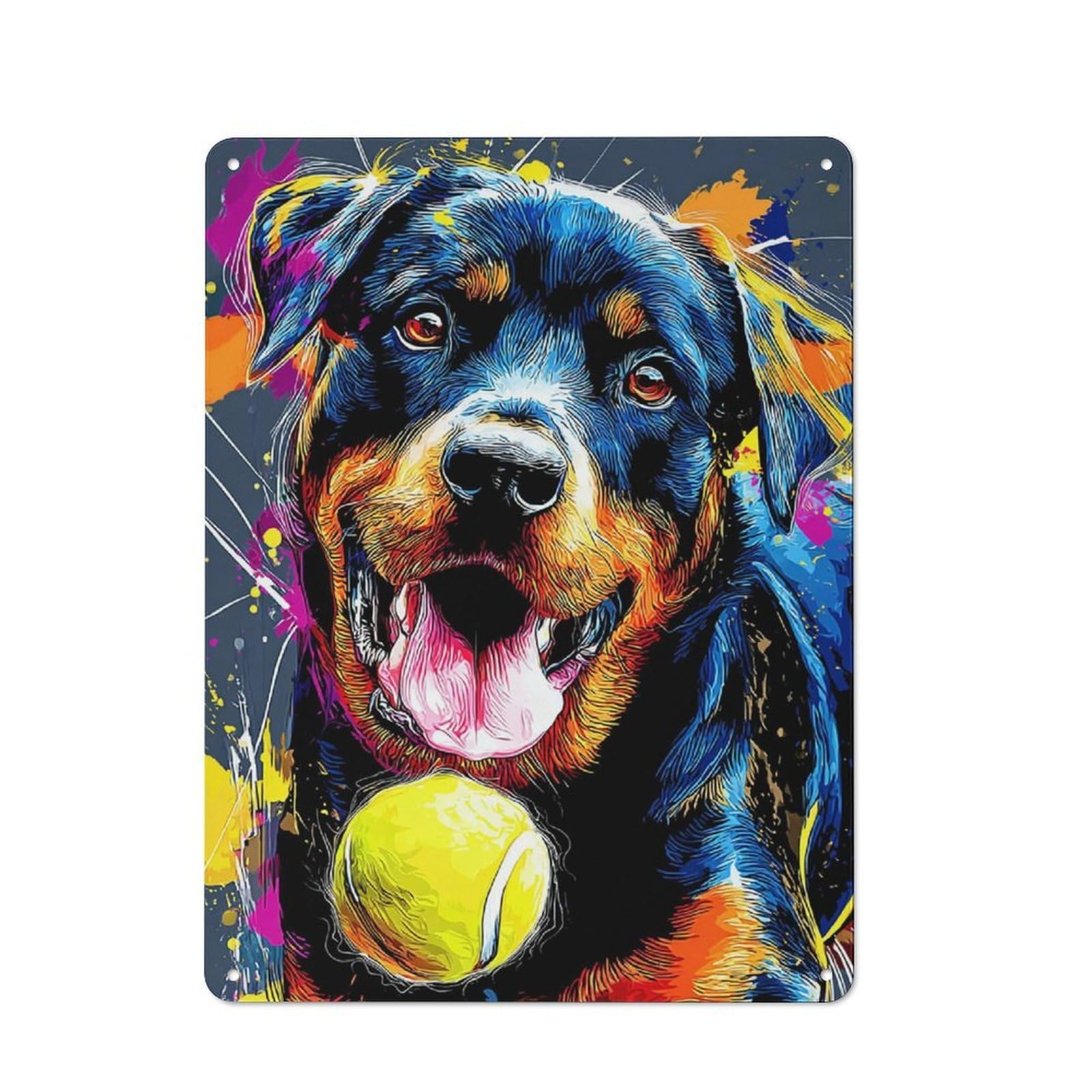 Colorful Rottweiler with Tennis Ball -1 Vintage Tin Sign 40x30cm, Rustic Bistro Wall Plaque for Kitchen, Cafe, Pantry Or Dining Room