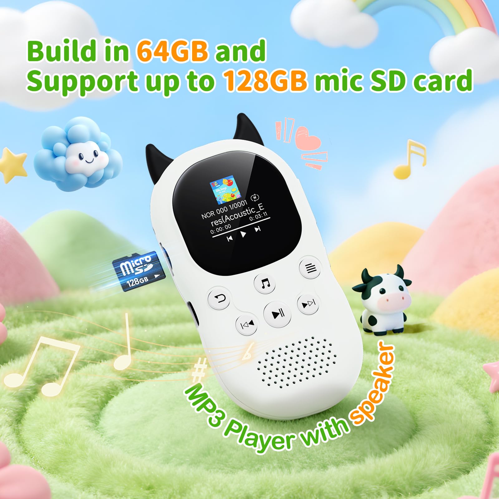 64Go Lecteur MP3 Bluetooth 5.3 pour Enfants,Lecteurs MP3 avec Haut-parleurs, Radio FM, réveil, Batterie 750 mAh, Cordon Gratuit,Jouez de la Musique en Un Seul clic，Carte TF Extensible de 128 Go