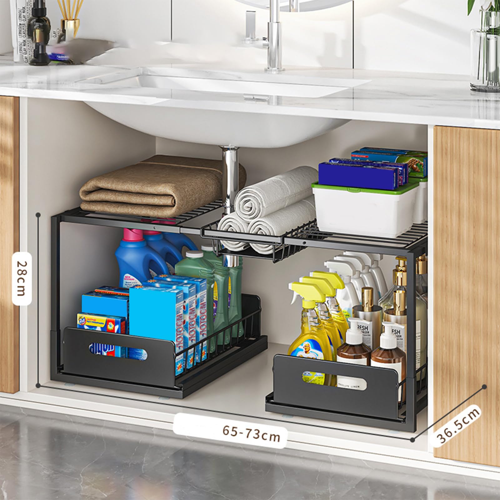Organizer per mobiletto sottolavello a 2 ripiani, lunghezza regolabile, 65-73 cm, estensibile con 2 cassetti, in metallo, per cucina e bagno