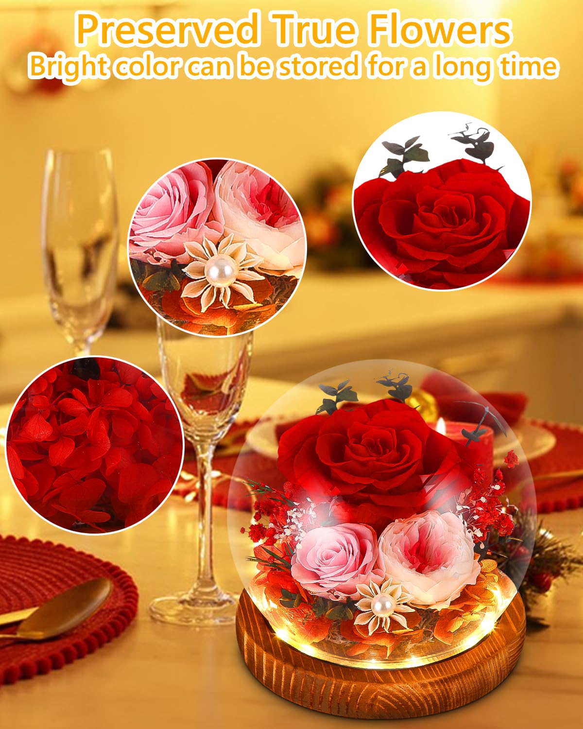Rose Éternelle Illuminée - Fleur Préservée Avec LED Et Base En Bois, Cadeau Romantique Pour Anniversaire Ou Fête