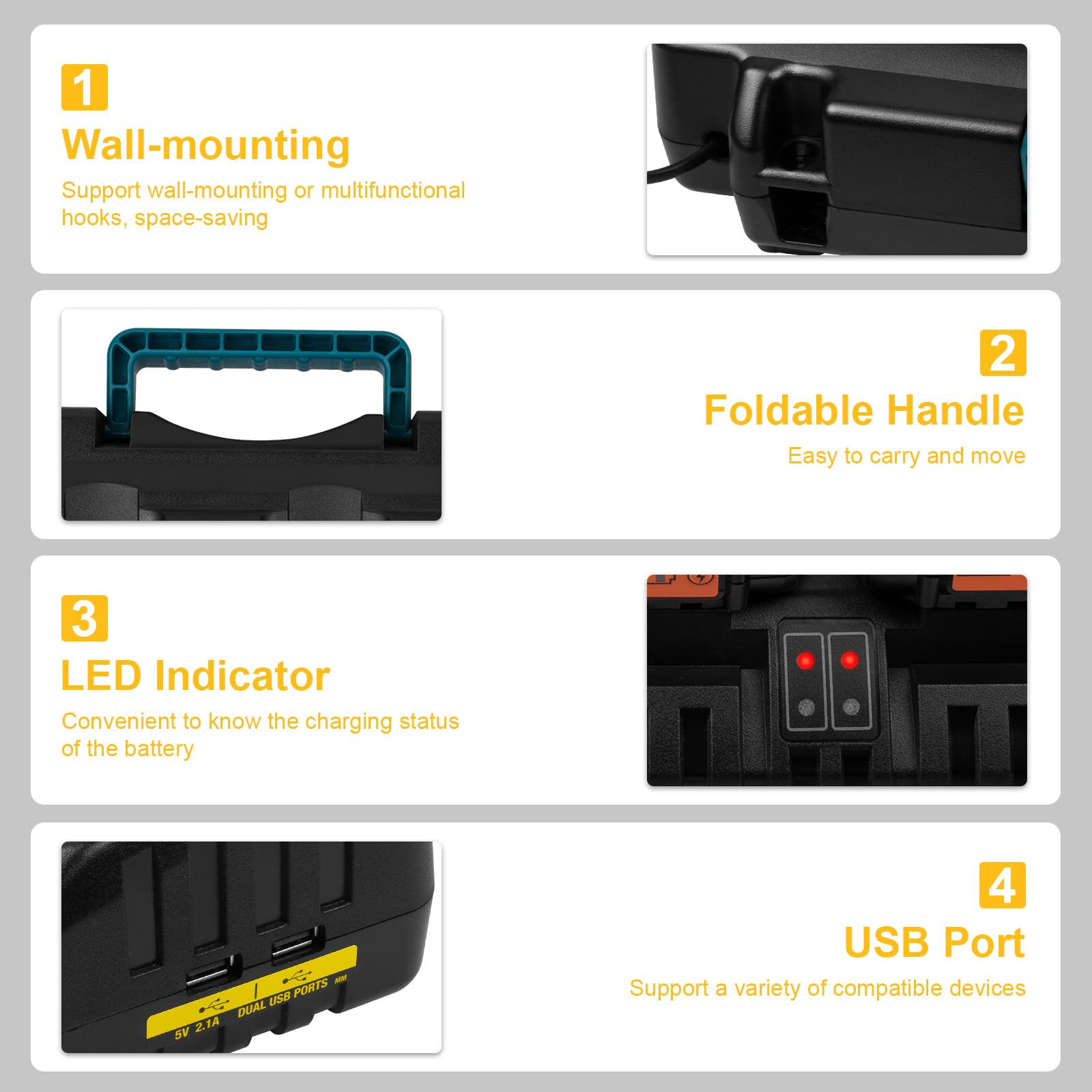 DCB104 4-portowa szybka ładowarka do akumulatora DeWalt 20V/60V Max, z portem USB kompatybilna z baterią DeWalt 20V/60V DCB206 DCB208 DCB205 DCB606 DCB609Y DCB612 i ładowarką DCB104 DCB107 DCB1155