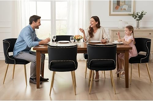 Miniatura 21 de Juego de 4 sillas de comedor de terciopelo beige con patas doradas, juego de 4 sillas de comedor modernas de mediados de siglo con respaldo de