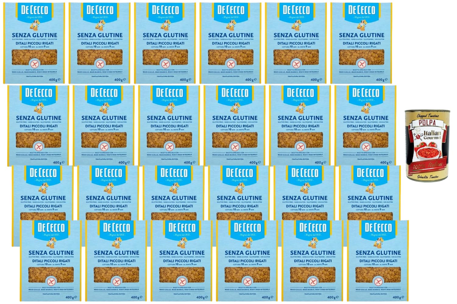 Italian Gourmet Bundle 24x De Cecco Glutenfreie Ditali Piccoli Rigati N.69 400g + Italian Gourmet Polpa, glutenfreie Pasta, Mais-Reis-Pasta, kurze Röhrennudeln, Vorratspack, Nudeln ohne Gluten