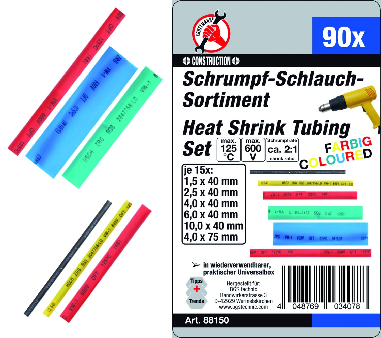 BGS Diy 88150 Schrumpfschlauch-Sortiment 90-tlg. – farbig im Sortimentskasten, 6 Größen