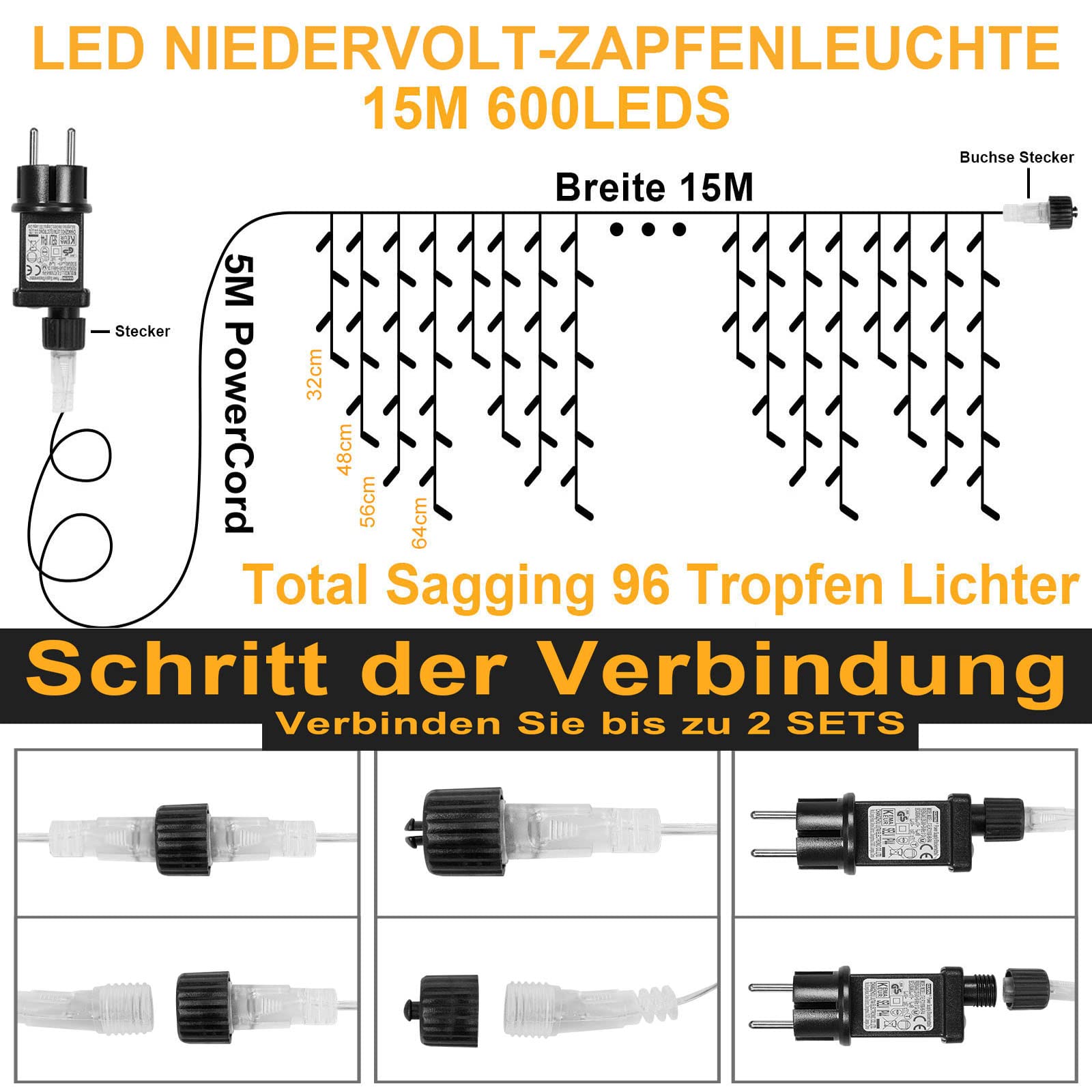 Rosnek Eisregen Lichterkette, 15M Außen Wasserdicht, 600LEDs mit Speicherfunktion, 8-Modi & Timer, Eiszapfen Lichterkette Weihnachtsbeleuchtung für Traufe, Pavillons, Balkon, Geländer