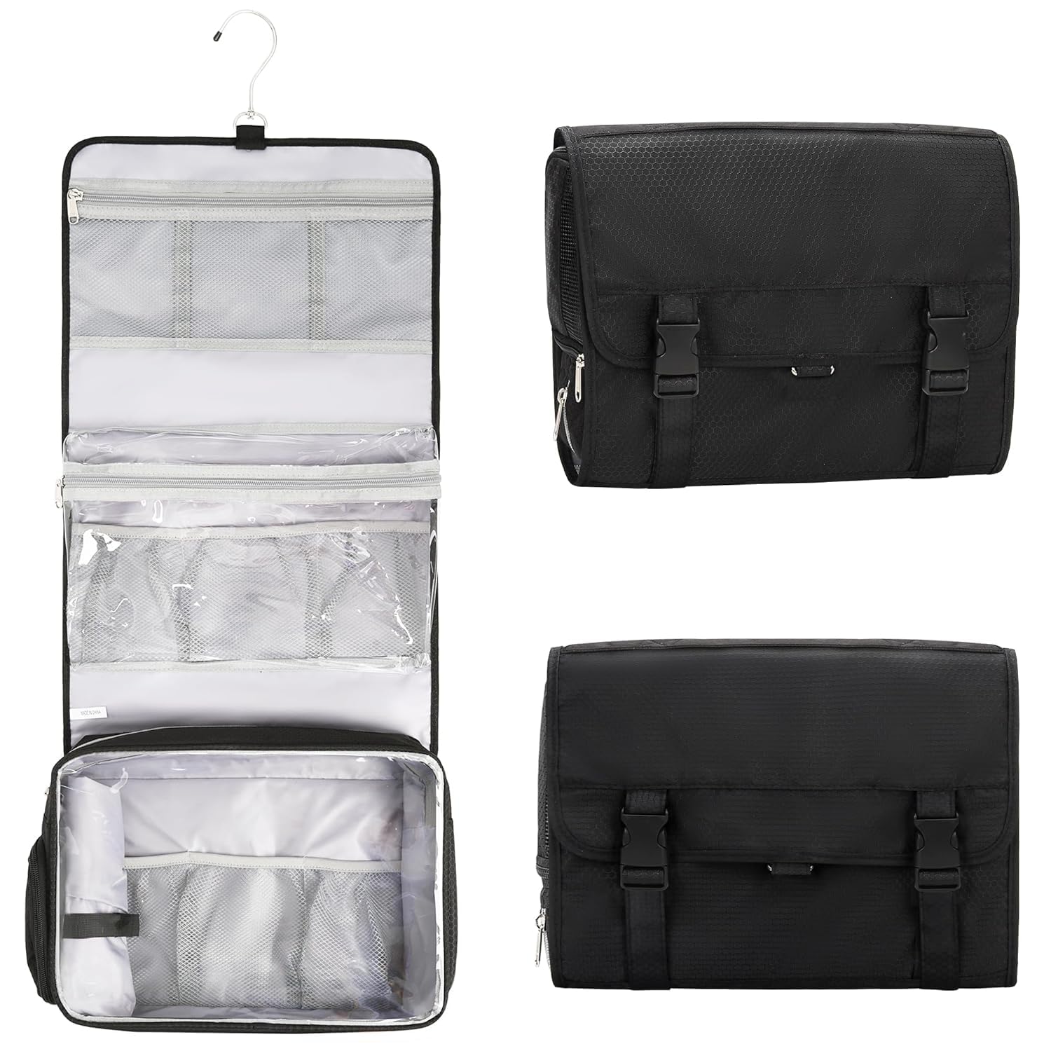 Relavel Hanging Toiletry Bag with Shoes Pocket, 360° Hook Travel Cosmetic Organizer, Waterproof, Multi-function for Makeup and Toiletries, Portable Storage Bag for Gym, Camping, Travel - Black