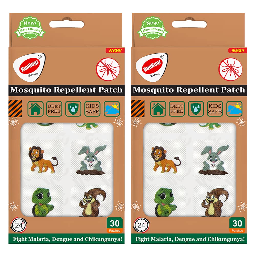 RunBugz 100% Natural Mosquito Repellent Animal Patches For Kids - 30 Patches - Pack of 2 - Deet-Free - Waterproof Patches for Babies with 12hr. Protection from Dengue, Malaria, Chikungunya