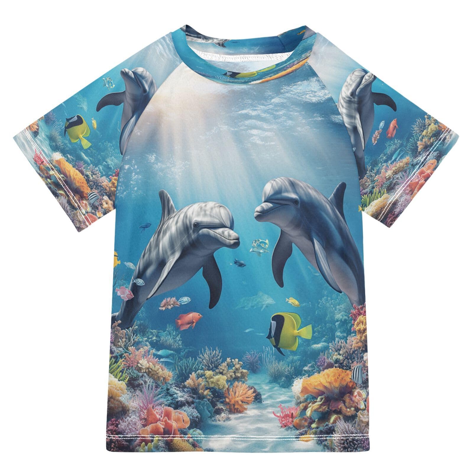 Toddler Boy Rash Guard Short Sleeve Swim Shirt Dolphin Print Rashguard 9-10T Beach Shirts Quick Dry,082