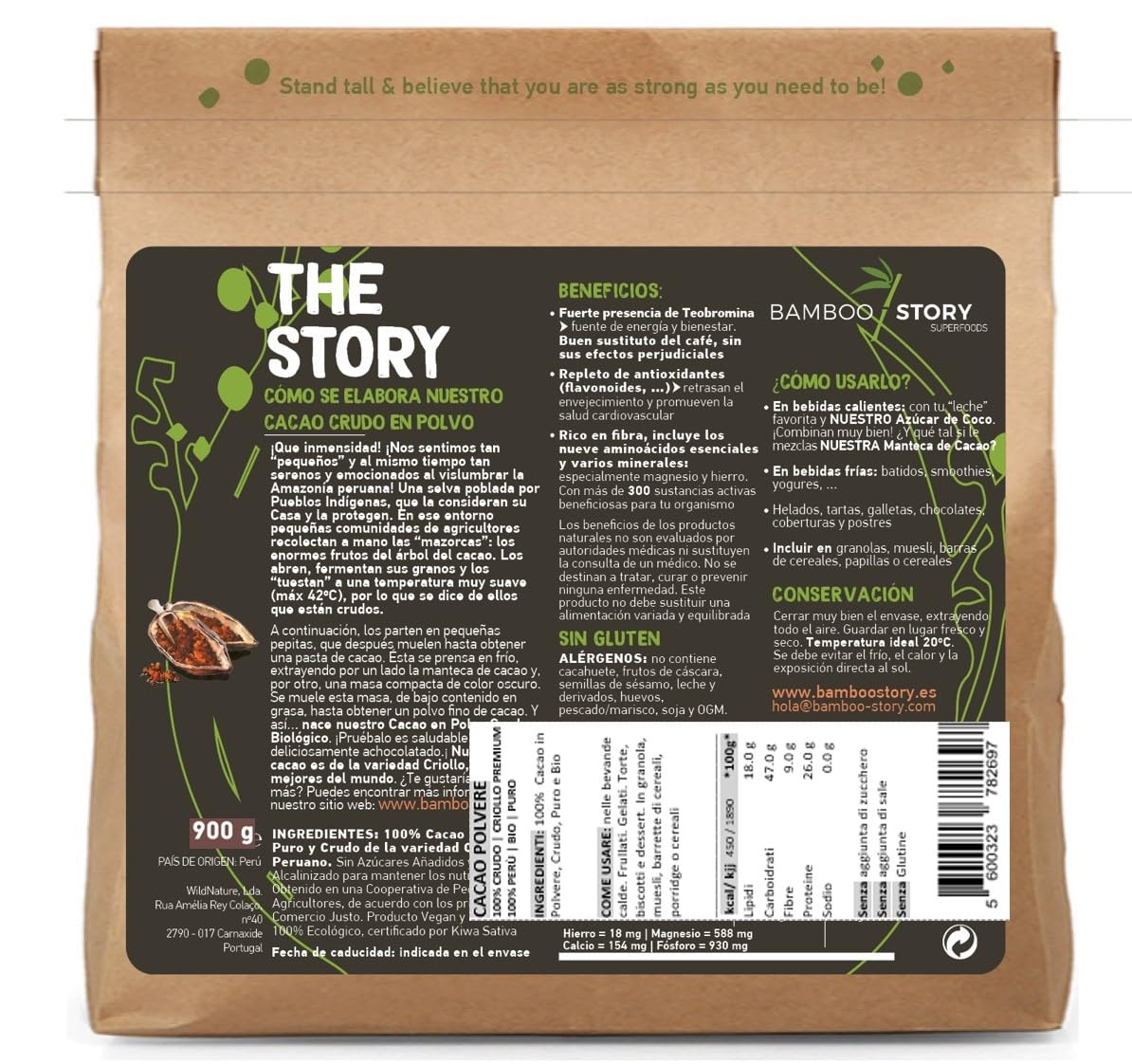 100% CRUDO | NUOVO | Cacao Polvere | BAMBOO STORY | Biologico | 100% Perù | Creolo Premium | Great Taste Award | Non Alcalinizzato | 900g | Puro | Senza Zucchero | Grasso 18%