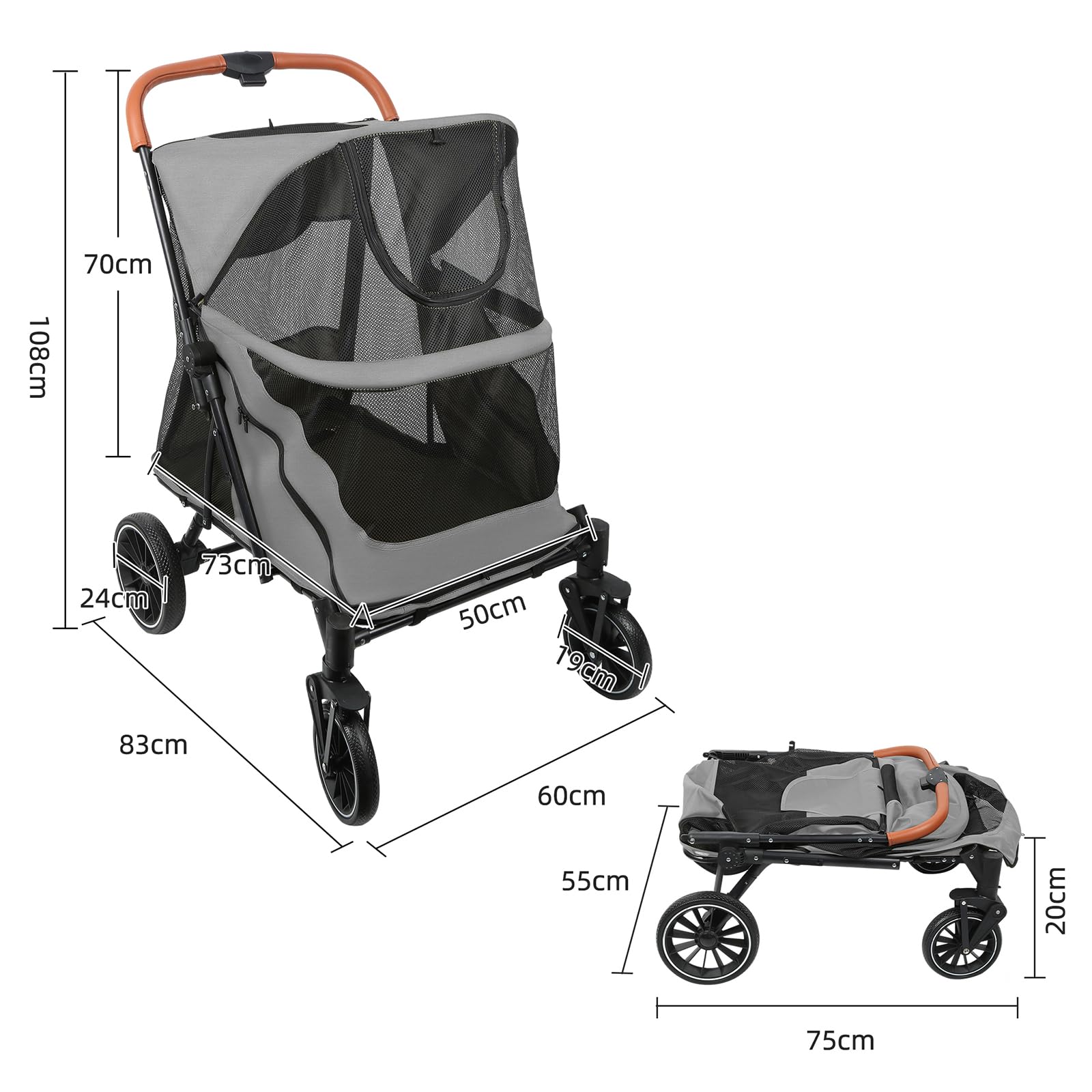Homewell Passeggino per cani di taglia grande, pieghevole, con finestre in rete, pieghevole, fino a 35 kg, 60 x 83 x 108 cm (grigio)