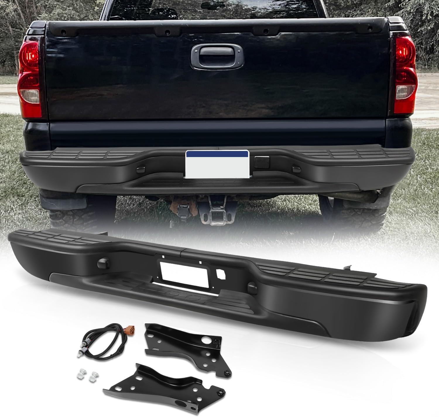 Auto Dynasty Rear Step Bumper Assembly Compatible with 1999-2006 Chevy Silverado GMC Sierra 1500 2500, 2007 1500 Classic Fleetside/Styleside Bed, Non Parking Sensor Hole, Chrome