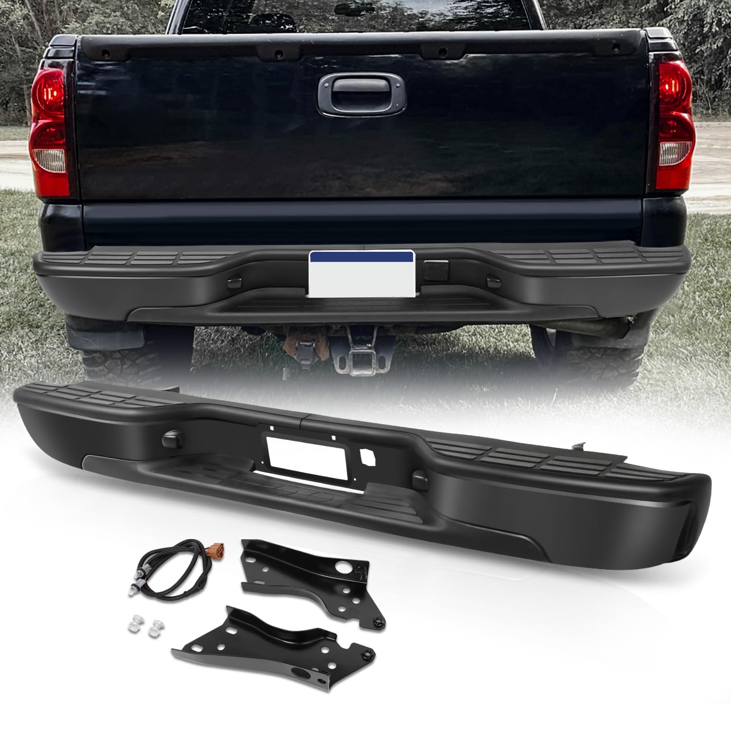 Auto Dynasty Rear Step Bumper Assembly Compatible with 1999-2006 Silverado Sierra 1500 2500, 2007 1500 Classic Fleetside/Styleside, w/License Plate Lights, Non Parking Sensor Hole, Black Powdercoated