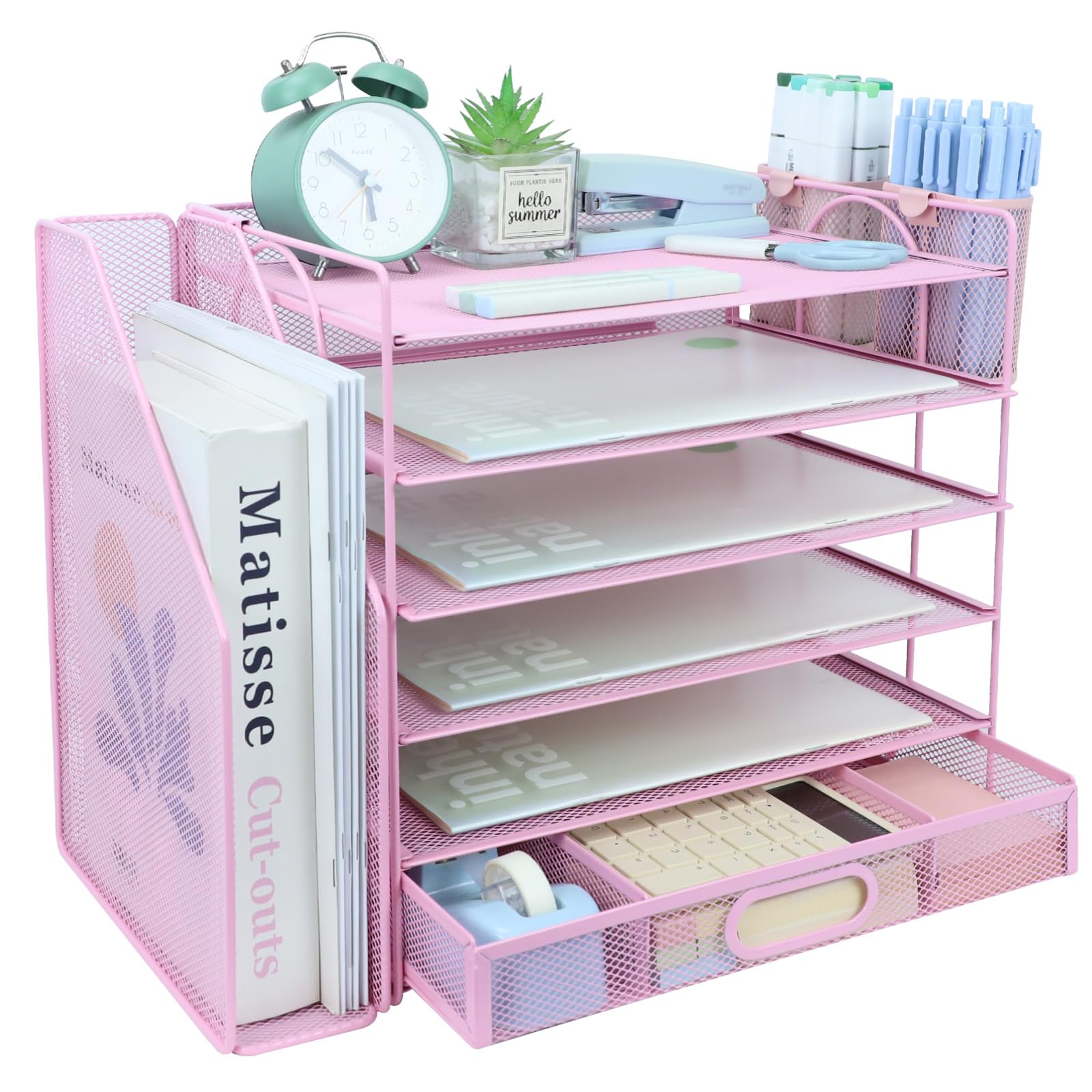 Organizer da scrivania e accessori con portadocumenti, organizer per lettere a 5 livelli con cassetto e 2 portapenne, organizer da scrivania in rete per forniture per ufficio, spazio di