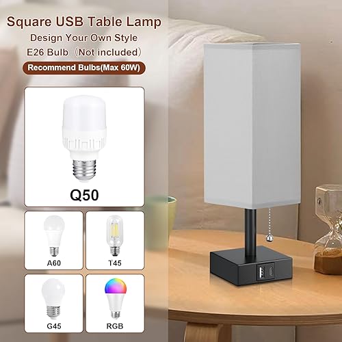 Miniatura 5 de Lámpara de noche gris con puertos USB, lámpara de dormitorio con cadena de tracción para mesita de noche, lámpara de mesa pequeña con USB C + un