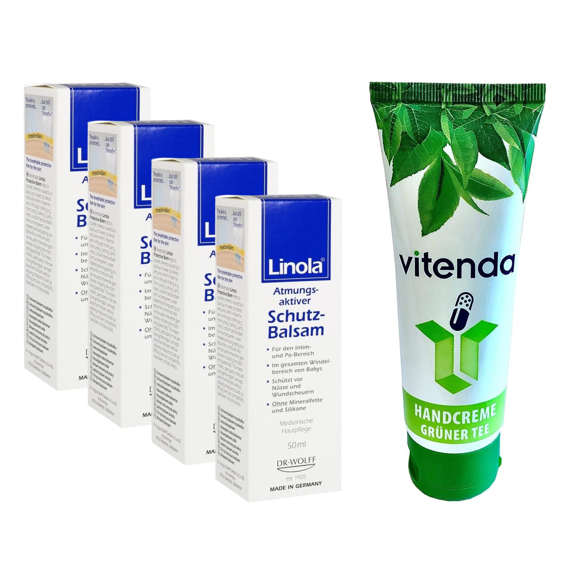 Set: Hautschutz-Balsam für empfindliche, beanspruchte Haut mit Linola gegen Wundwerden & Hautirritationen, 4x50ml – inkl. vitenda Handcreme