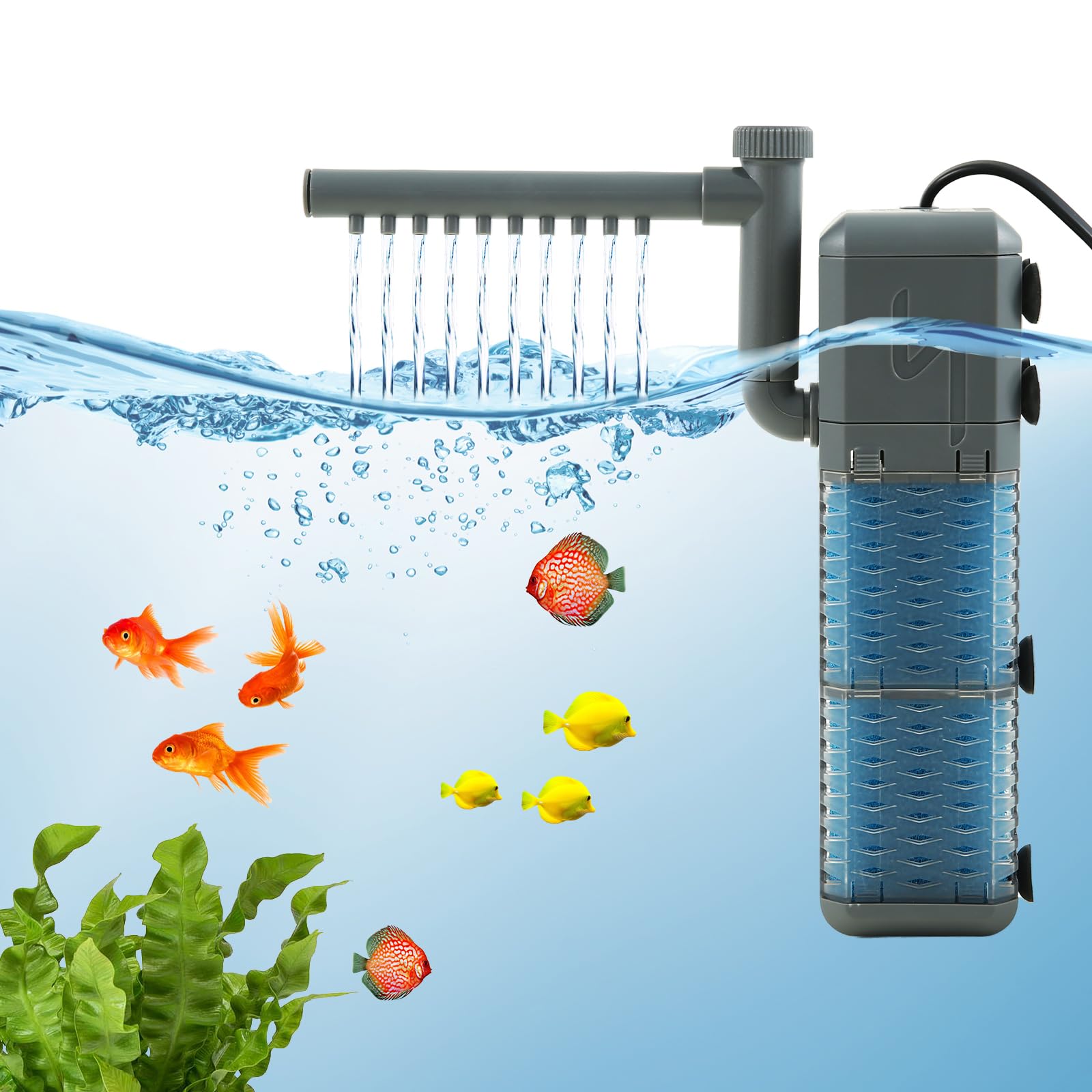 水中ポンプ 水槽ポンプ 9W 水槽フィルター 最大流量800L/H 流量調整可能ウォーターポンプ 内蔵式水槽フィルター 酸素供給/ろ過/水循環機能/水流発生/排水 一台五役 静音設計 観賞魚飼育用