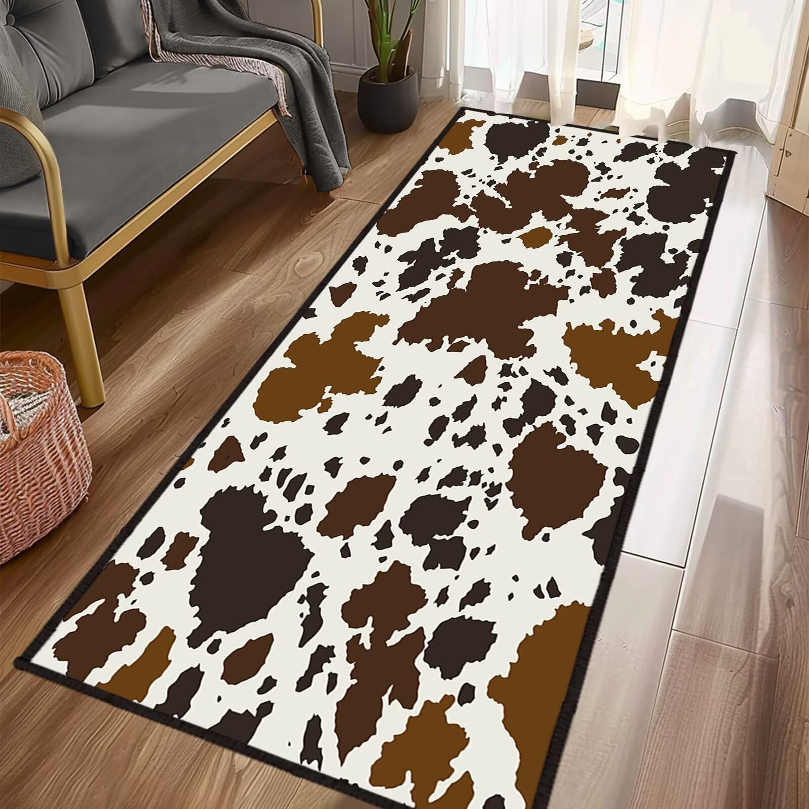 VANOVICH 2x6 Cow Print Rug, Brown Black, Machine Made, Low Pile, Soft, Non-Slip, Washable, Indoor, Rectangular Runner for Bedroom, Hallway, Kitchen,