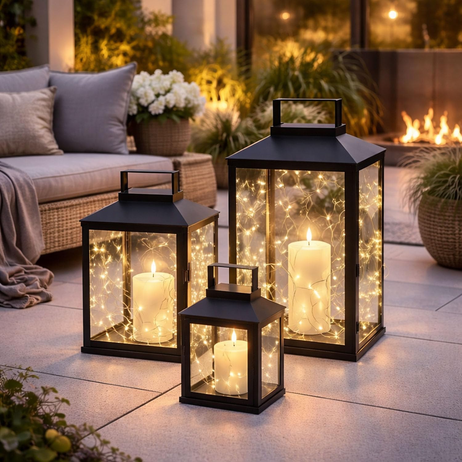 Mojawo 3er Set Gartenlaterne Windlicht Laterne Laternen Metalllaterne Set Dekoration Außen Metall Schwarz H28/35/44cm