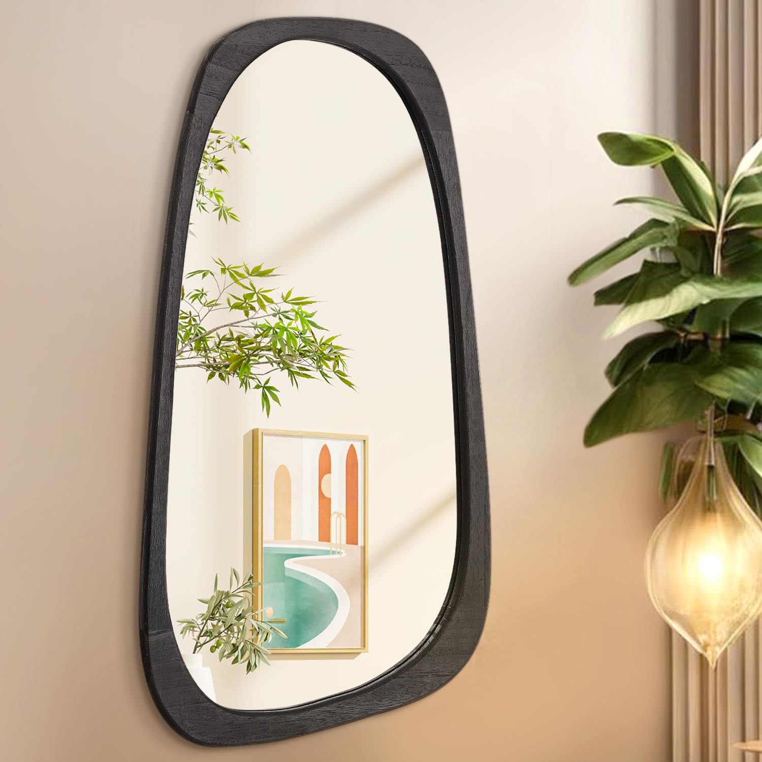 Aazzkang Asymmetrical&Black Irregular Wall Mirror Large 90X60cm Black Asymmetrical Hanging Mirrors With Modern Wood Frame For Bathroom Bedroom Living Room Entryway