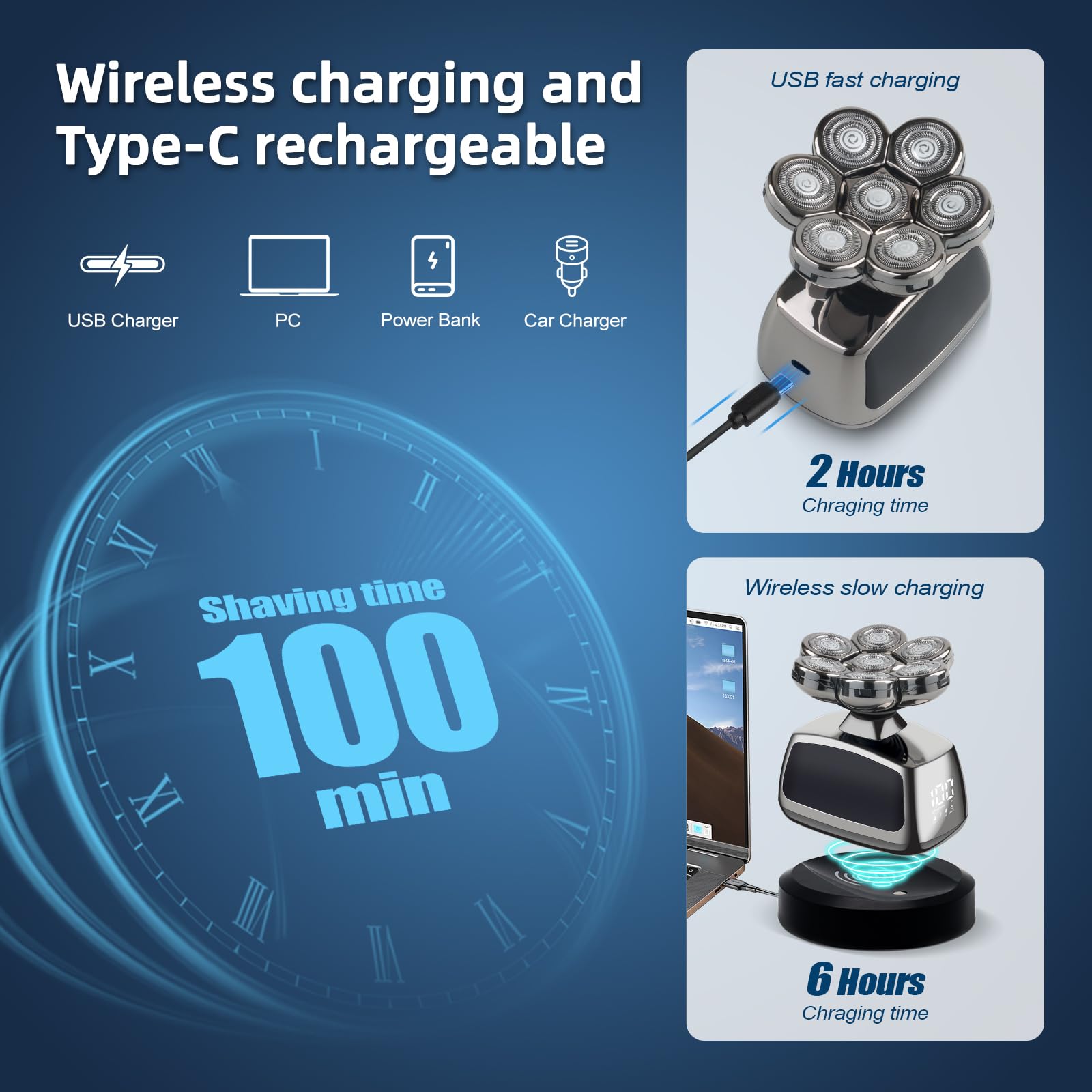 Rasoio Testa Calva, Rasoio Elettrico Barba 6 in 1 Impermeabile con 7 Testine Rotanti, Rasoio per Testa Bagnato e Asciutto, LED Display e ricarica wireless