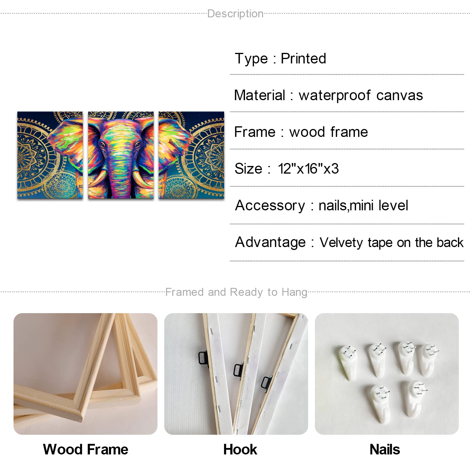 Apicoture Bohemian Elephant Picture Wall Art - Colorful Animal Canvas Wall Art Boho Gold Mandala Flower Wall Decor Ready to Hang 12x16inchx3pcs