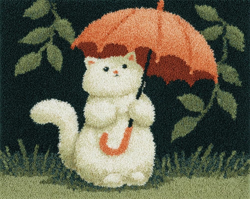 Kitquiver Latch Hook Kits for Adults Beginners Rug Cat Holding an Umbrella DIY Crochet Yarn Embroidery Handmade Needlework with Printed Canvas for Home Decoration 23X35In