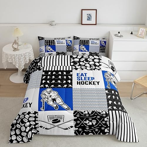 Erosebridal Juego de edredón Queen de hockey sobre hielo para niños y adolescentes, juego de ropa de cama de hockey para niños, edredón de disco de