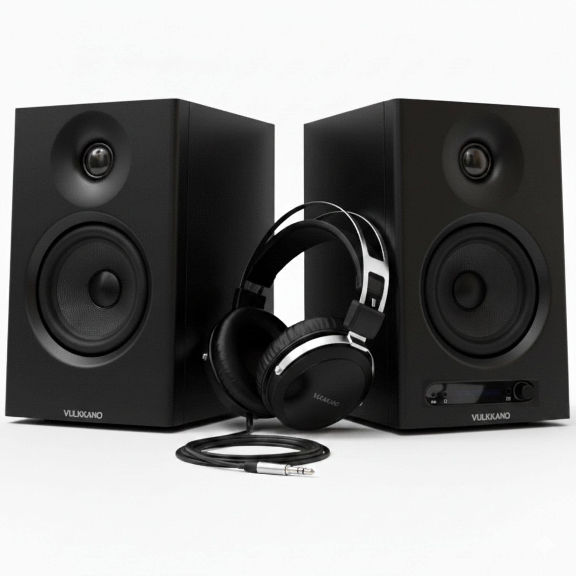VULKKANO Pack Hi-Fi: Monitores de Estudio PRO4 con Woofer de 4” Negro, Bluetooth,TRS y RCA + Auriculares Estudio HC20 IRATI Over-Ear con Copas de Madera, Drivers 50mm, Diseño Profesional.