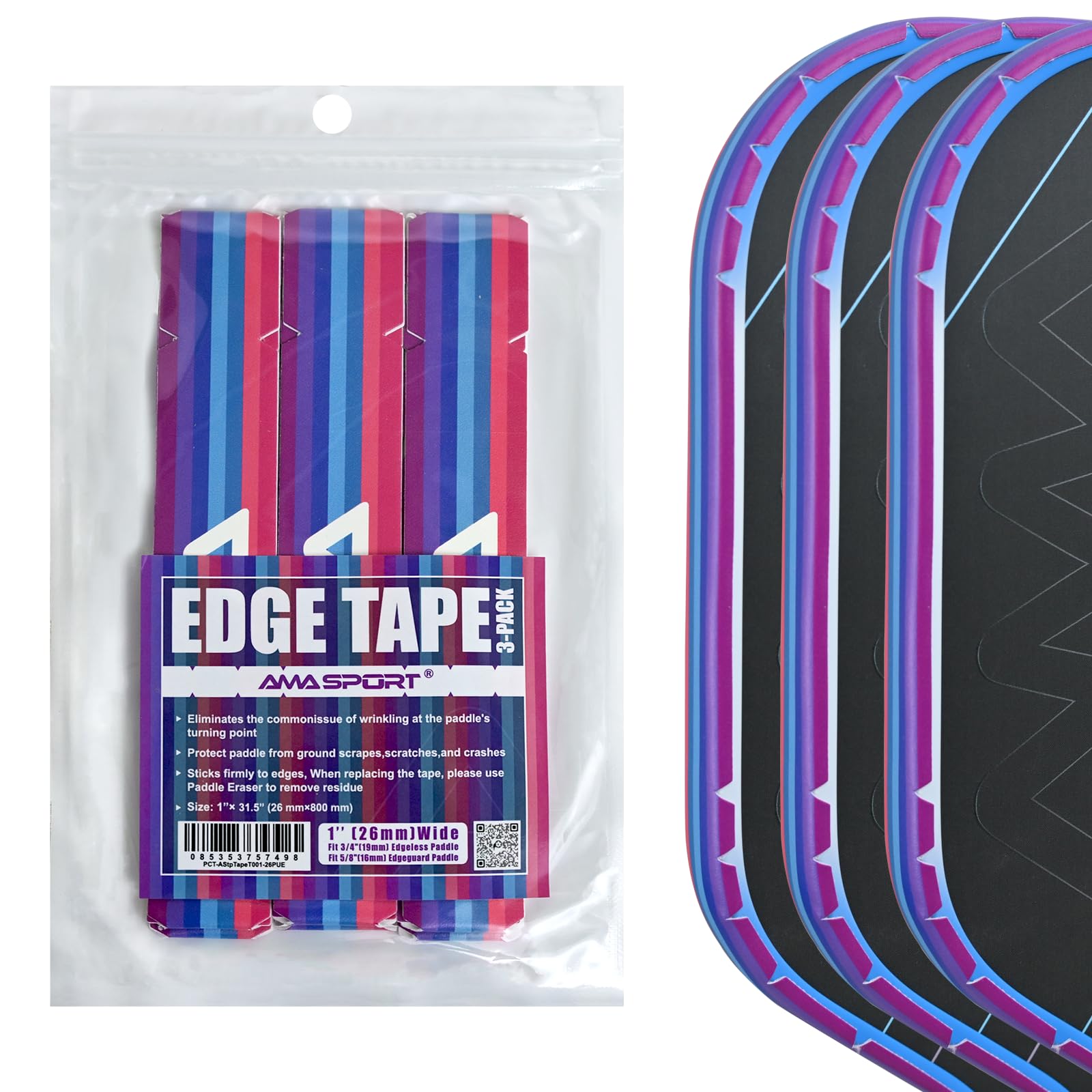 PICKLETECH Pickleball Edge Guard Tape – Purple Stripe Edge Tape for Pickleball Paddle - Fit Perfectly Curved Edge - No Wrinkling