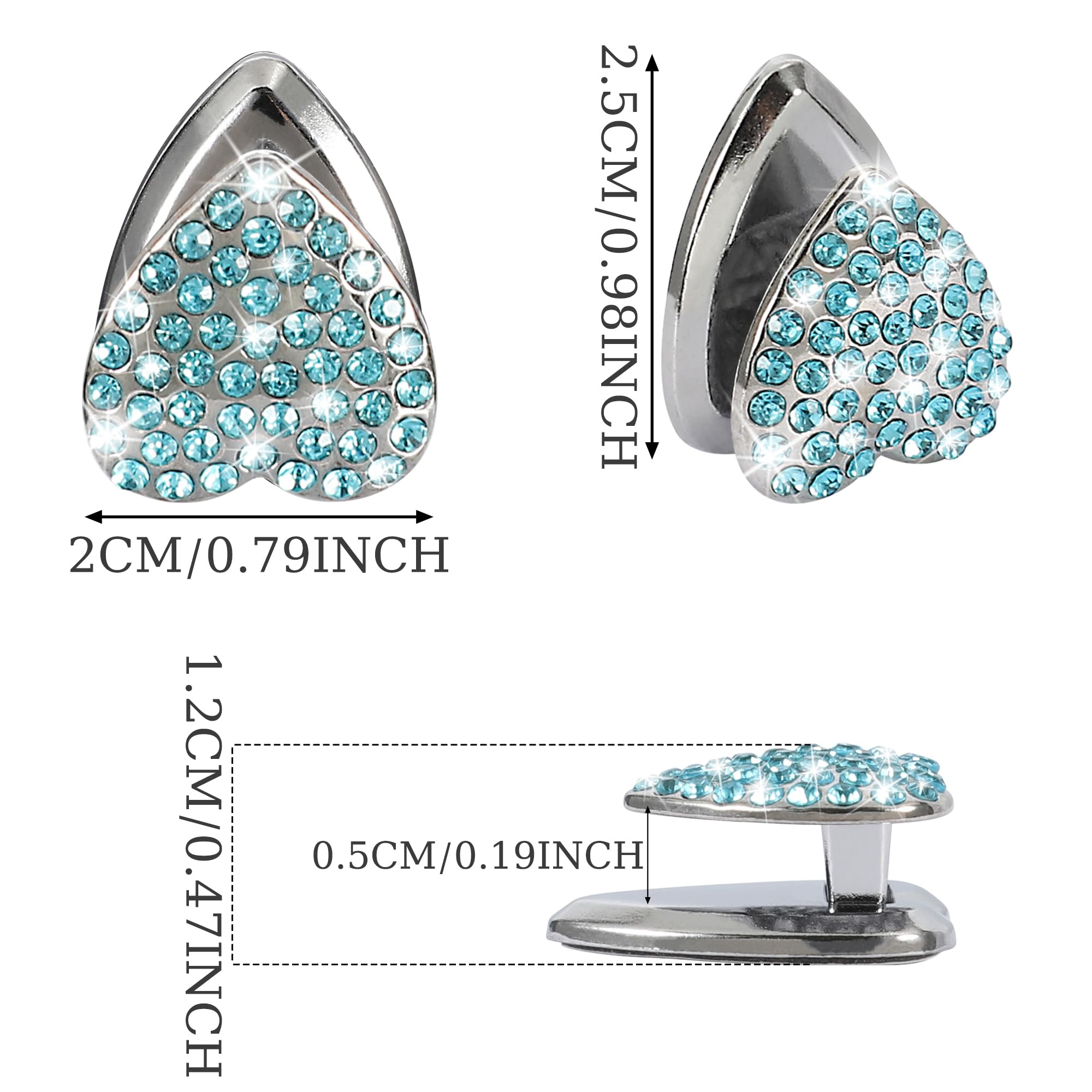 TOMALL Bling Heart Shape Car Hooks 4pcs - Cute Dashboard Hook for Keys, USB Cable, Sunglasses - Multifunctional Hanging Storage Universal Diamond Accessories for Home DIY Decor (Light Blue)
