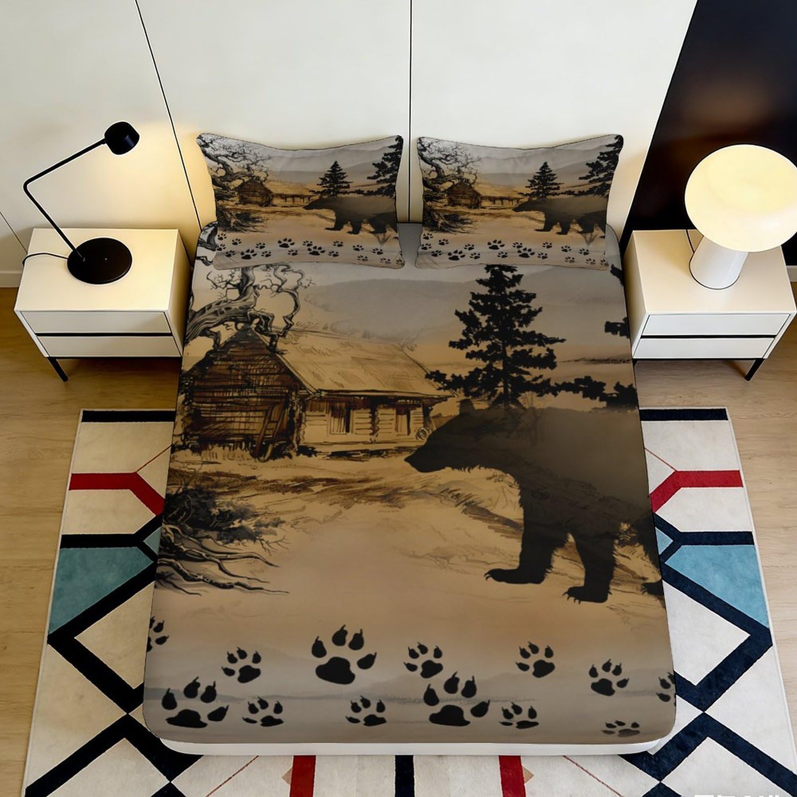 3D Printed Cabin Bear Fitted Sheet Microfiber Soft Non-slip Forest Animal Bed Cover for Bedroom Guestroom Decor 90x200x25cm
