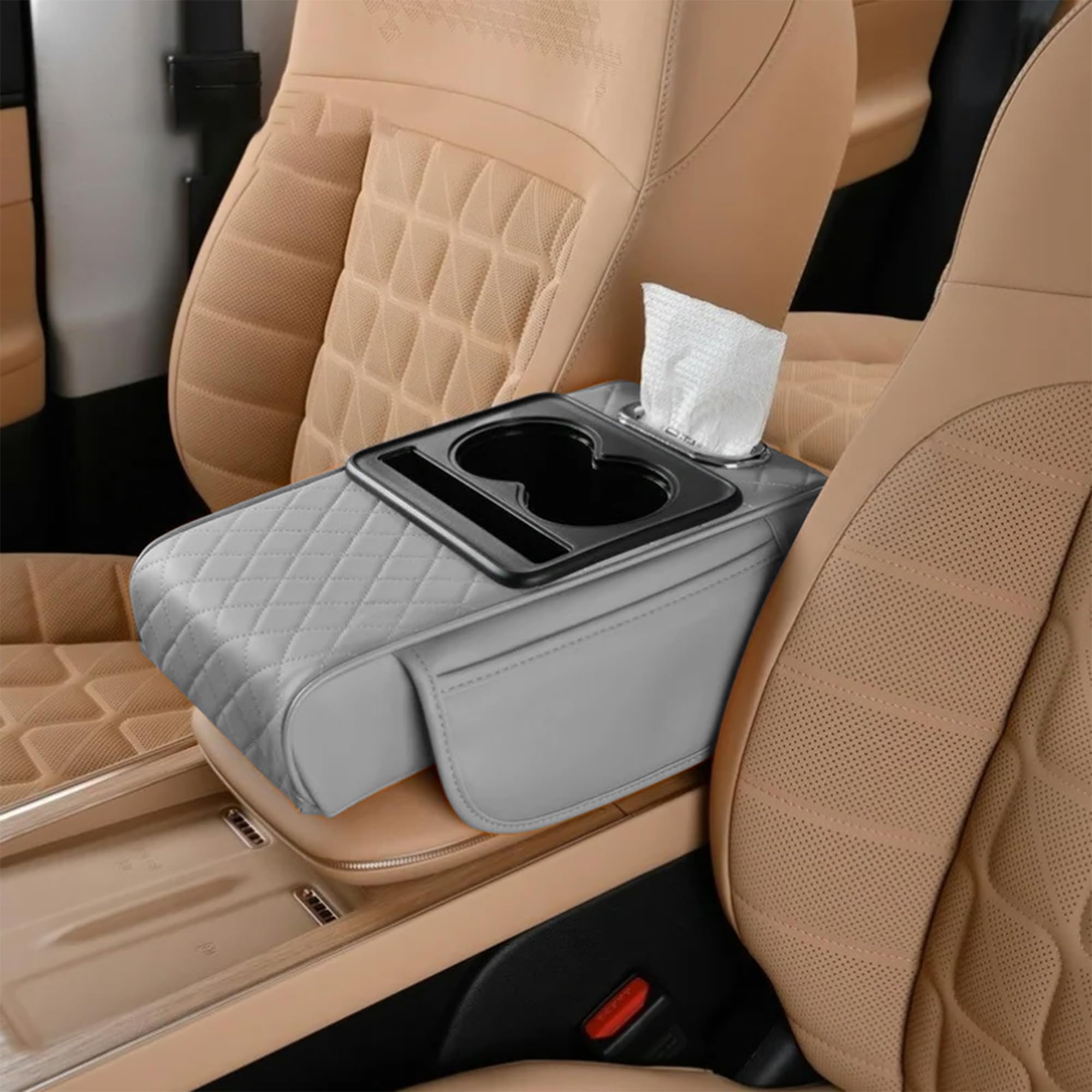 Car Armrest Storage Box,Car Accessories Console Organizers and Storage,Universal Waterproof Leather Console Cover with Cup Holder and Phone Holder,Suitable for Most Cars (Embroidered, Gray)