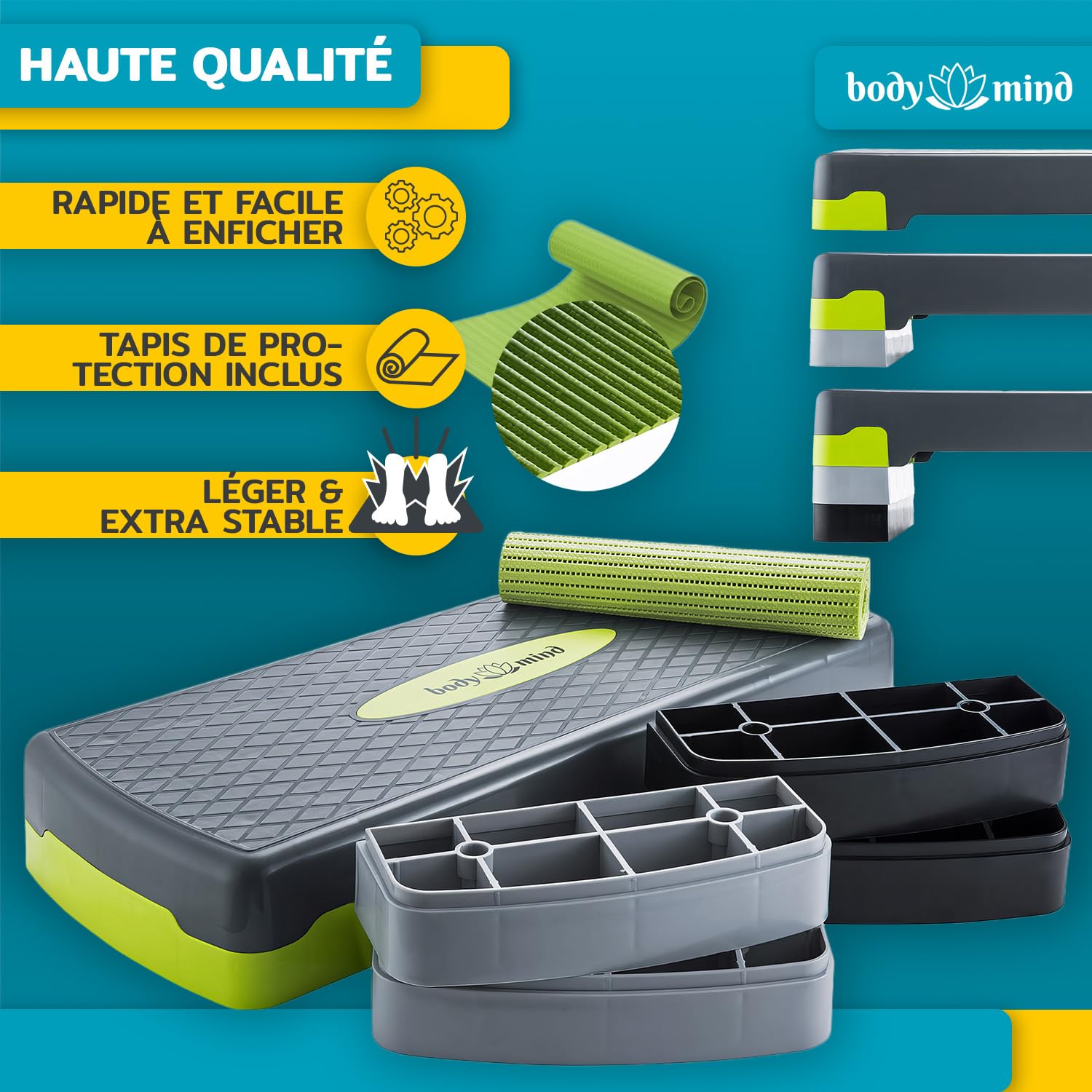 Body & Mind® Stepboard aérobic Deluxe 2-étapes Stepper Step-Bench avec tapis antidérapant gratuit & E-Book d'entraînement exclusif
