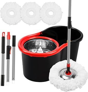 Spin Mop and Bucket with Wringer Set, 360 Spinning Mop Bucket System with 3 Microfiber Mop Replacement Heads Refills, Stainless Steel Extended Handle for Floor Cleaning Home Office