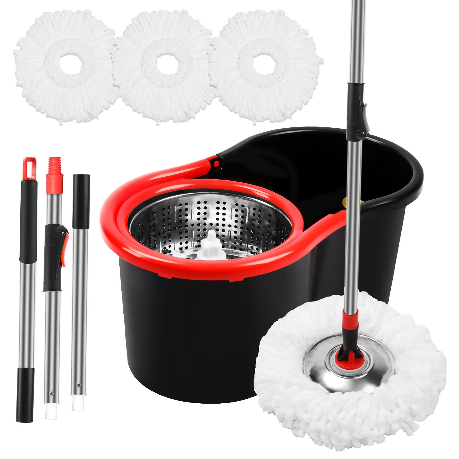 Spin Mop and Bucket with Wringer Set, 360° Spinning Mop Bucket System with 3 Microfiber Mop Replacement Heads Refills, Stainless Steel Extended Handle